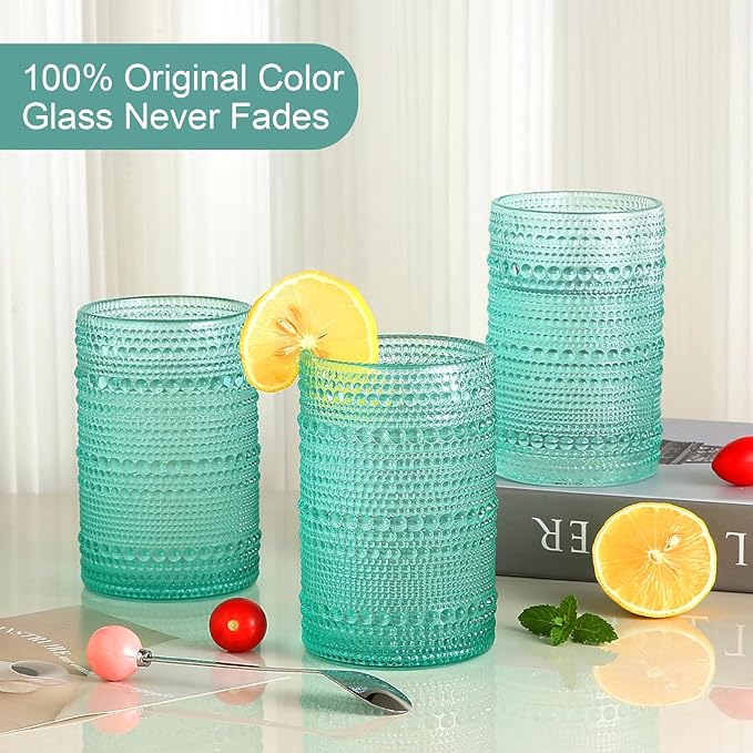 Vintage Glassware Drinking Glasses Set of 6,15 oz Hobnail Glass Cups,Embossed Lake Blue Water Tumbler,for Beer,Cocktail,Whiskey,Juice and Various Mixed Drinks- 1 Cleaning Brush