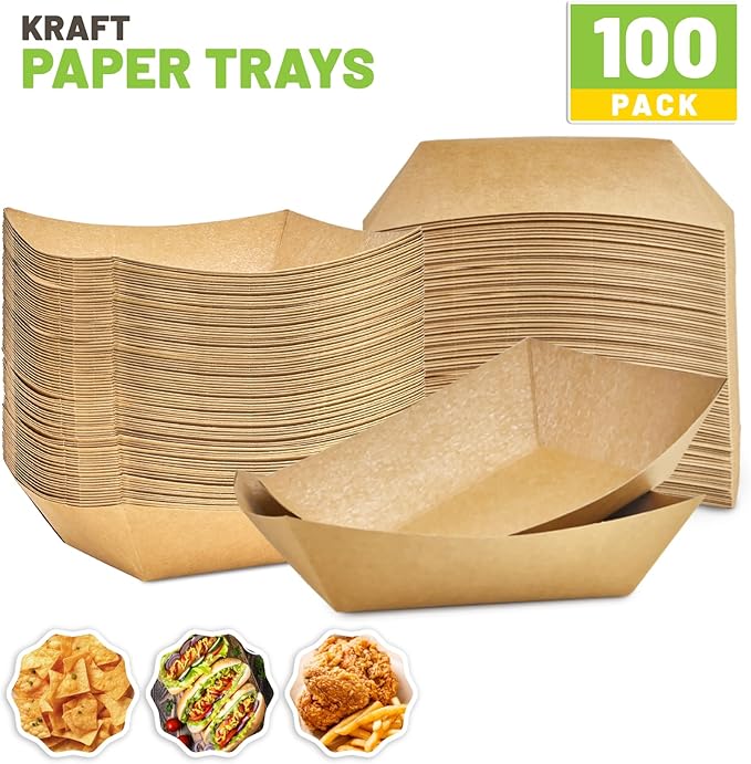 3 Lb Paper Food Trays - 100 Pack Disposable Nacho Trays, Kraft Paper Food Boats Taco Holders Party Serving Baskets for Hot Dogs Snacks Tacos Fries