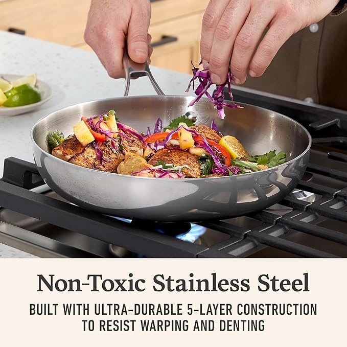 Calphalon Premier Polished 5-Ply Stainless Steel Cookware w/Turbo Heat Tech 10" Fry Pan, Induction, Oven Safe 500F, PFOA Free, Polished Stainless Silver
