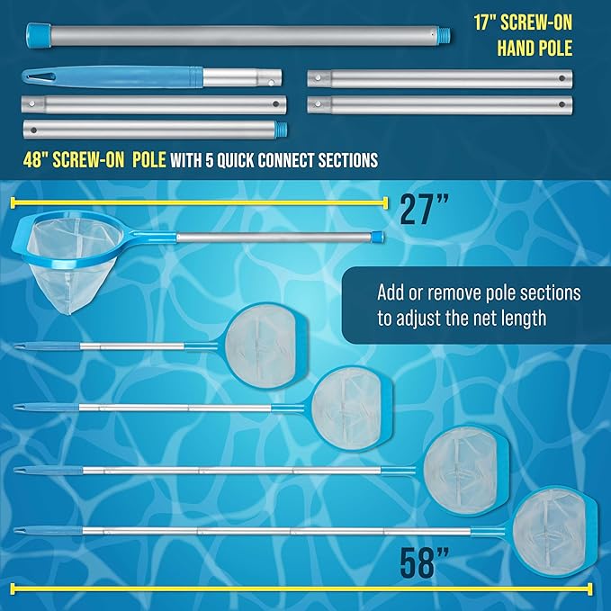 U.S. Pool Supply Spa, Hot Tub, Pool Leaf Skimmer Net, 17" & 48" Long Aluminum Poles - Deep Ultra Fine Mesh Netting, Handheld Pool Cleaning Net, Clean Finest Debris, Leaves, Ponds, Small Above Ground