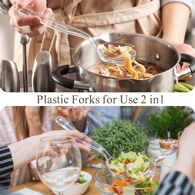Mwellewm 48Pcs Plastic Serving Utensils Disposable Serving Spoons for Buffet Clear Forks Serving Tongs 8.5'' Heavy Duty Large Party Utensils Supplies for Restaurant Food Dinner Salad Noodles Soup