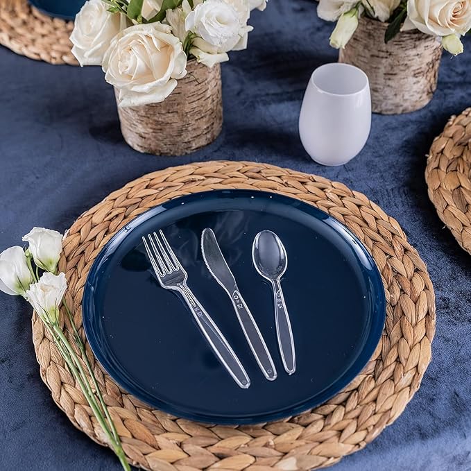 PARTY BARGAINS Disposable Cutlery Set 120-Piece – Sapphire Settings Clear Plastic Forks Spoons Knives – Heavy-Duty Utensils for Parties Catering Weddings & Events – BPA Free