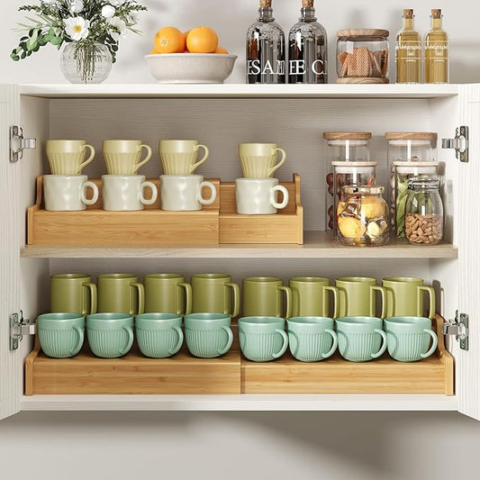 2-Tier Expandable Bamboo Mug Holder Coffee Mug Rack Organizer for Countertop, Multi-Functional Mug Display Shelf for Coffee Bar, Kitchen, and Home (15.35"~29.92")