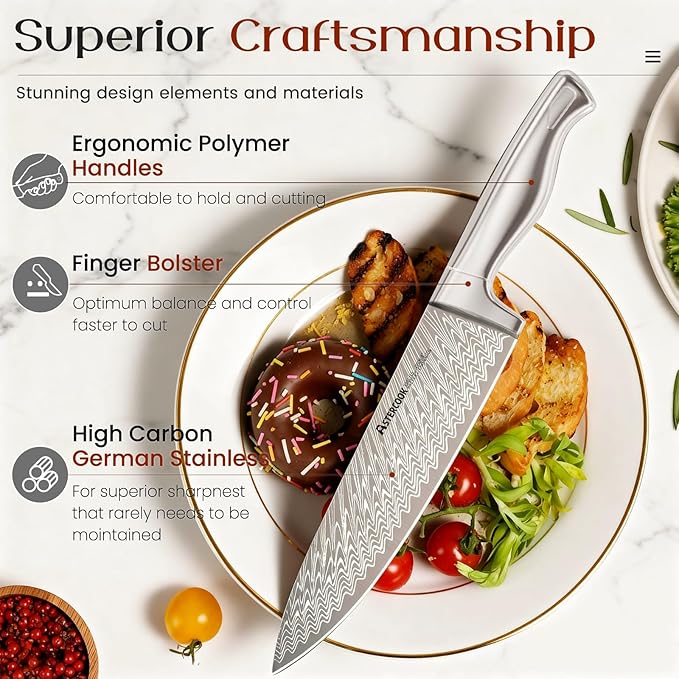 Astercook Knife Set, 15 Pieces Knife Sets for Kitchen with Block, Ultra-Sharp German High Carbon Stainless Steel Knife Block Sets with Built-in Sharpener, Dishwasher Safe Knives Set for Kitchen