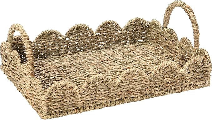 BISS Scalloped Rattan Serving Tray with Removable Floral Transparent Board – Natural Rattan Decorative Wicker Tray with Foldable Handles & Scalloped Edge – Wicker Woven Tray for Coffee Table, Dining