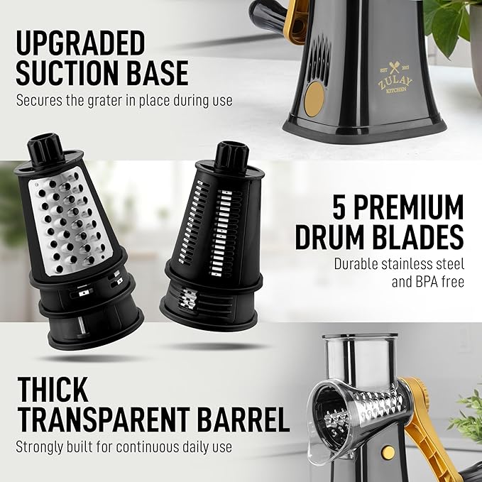 Zulay Kitchen Rotary Cheese Grater 5 Blade Cheese Shredder - Manual Hand Crank Cheese Grater With Reinforced Suction & 5 Interchangeable Drums - Easy to Use, Vegetable Chopper Round Mandoline Slicer