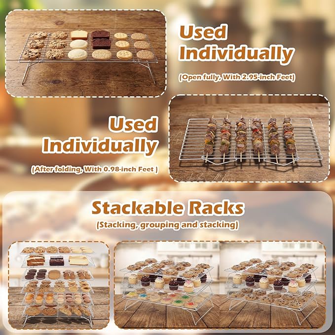 6 Tier Silver Stackable Cooling Rack 15.7" x 9.85" Foldable Baking Rack Collapsible Low Carbon Steel Wire Large Capacity Roasting Baking Gifts for Women Roasting Grilling Silver