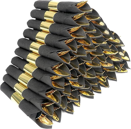 100 Pack Pre Rolled Gold Plastic Silverware Set,Wrapped Plastic Cutlery Set with Napkin Include 100 Forks,100 Spoons,100 Knives and 100 Black Napkins for Party, Wedding,Christmas