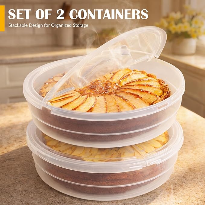 2 Pack Plastic Pie Carrier with Lid and Handles - Airtight Cover, BPA Free Container for Pies and Pastry Products - Round Keeper Keeps Cookies, Muffins, Cupcakes, Bakery Fresh