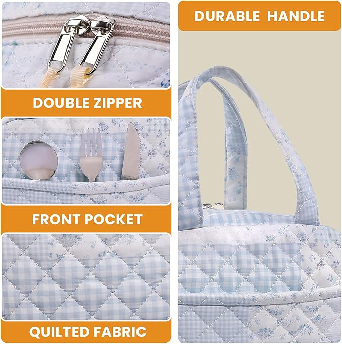 Quilted Lunch Box for Women,Coquette Aesthetic Lunch Box for Teen Girls,Cute Floral Lunch Bags for Work, School,Office,Picnic,Travel (green blue pin)