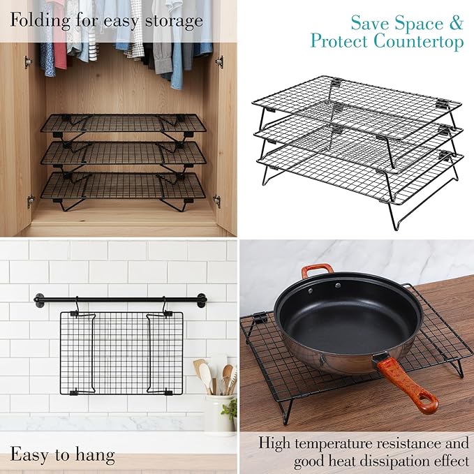 3PCS Stackable Cooling Rack for Baking, 13.3 x 9.3 Inch Carbon Steel Wire Rack with Folding Legs for Cookie Cake Pizza Jerky, Multi-Use Bread Oven Racks for Cooking Roasting Drying Grilling
