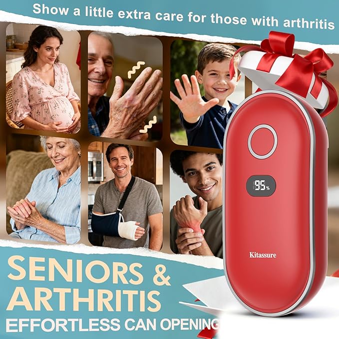 Handsfree One-Touch Rechargeable Electric Can Opener Easy Flex Side Cut All Can Sizes with LED Display and Smooth Edge Safety for Arthritis & Seniors, Auto Kitchen Gadget (Red)
