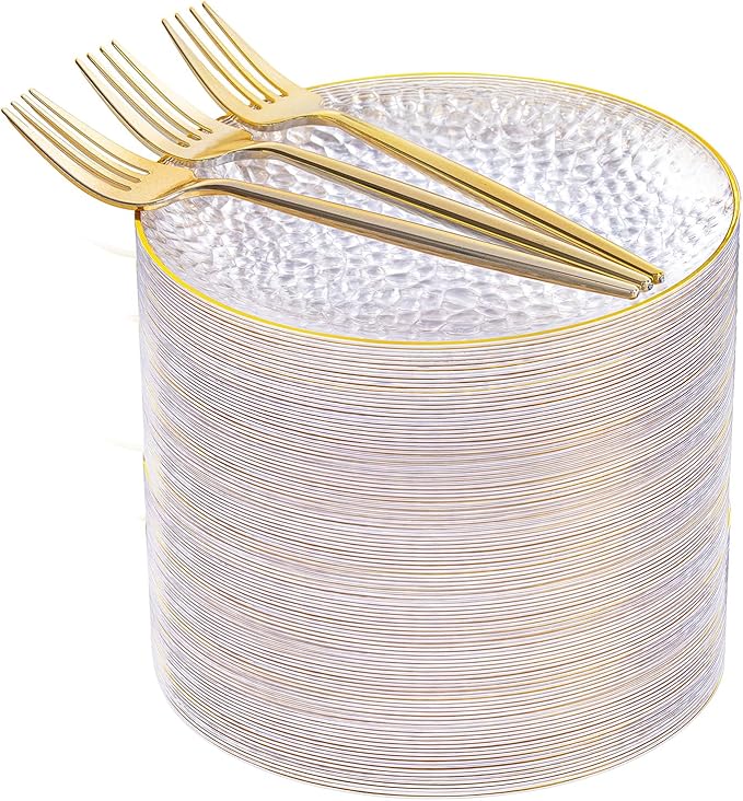 Rubtlamp 200 Pcs Clear Dessert Plates 7" with Forks 7.6",Clear Plastic Cake/Appetizer Platos, Dessert Plates Disposable, Hammered Party Platos Include 100platos and 100forks for Party&Birthday