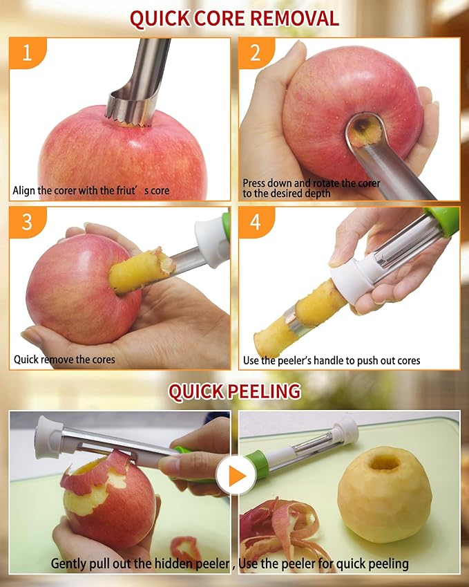 2 in 1 Apple Corer and Peeler Tool, Fruit Vegetable Corer and Peeler Tool Stainless Steel Apple Peeler Apple Corer Remover Tool Multifunction Corer Tool for Vegetable Fruit Kitchen Gadget (Black)