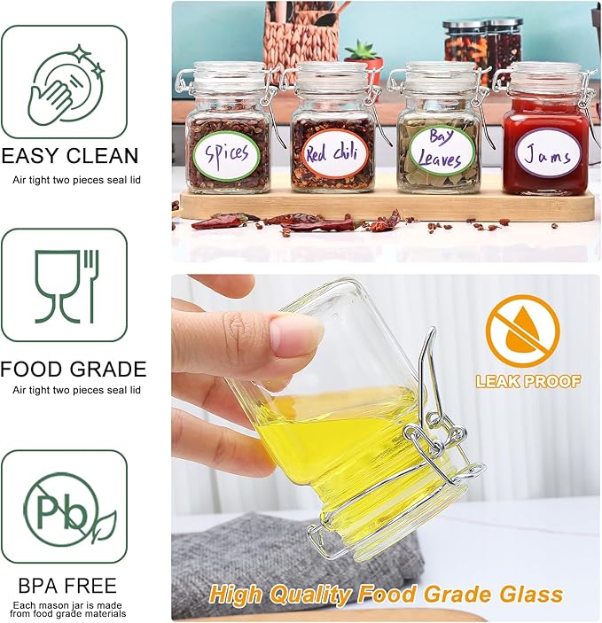 Brajttt Small Glass Jars with Lids,4 oz Spice Jars with Labels,Small Glass Containers with Airtight Hinged Lid for Home Kitchen, Arts & Crafts Projects, Spices, Decoration, Snack Foods (5 Pack)