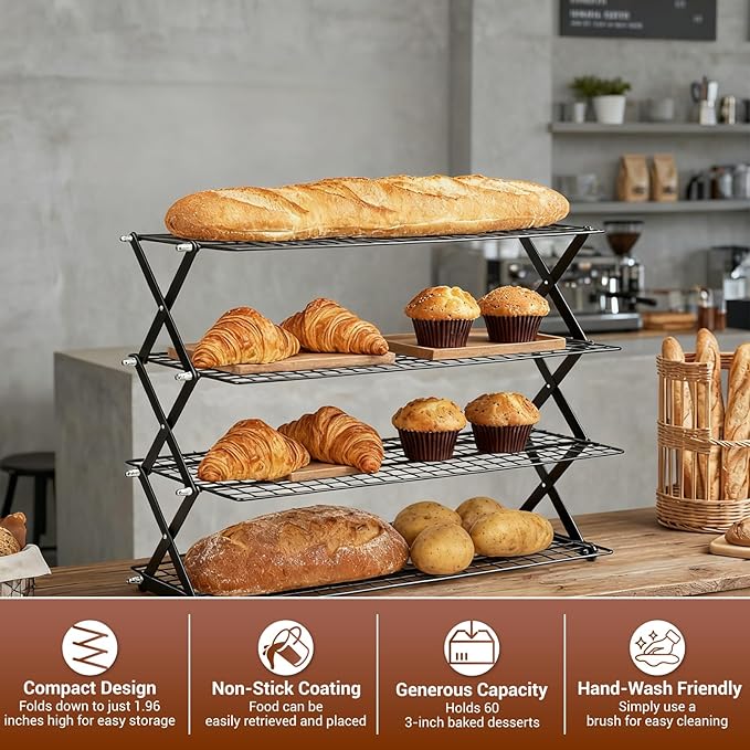 4-Tier Collapsible Cooling Rack - Adjustable Stackable Cooling Rack for Cooking and Baking, 16" x 10" Cookie Cooling Rack, Drying Rack - Black