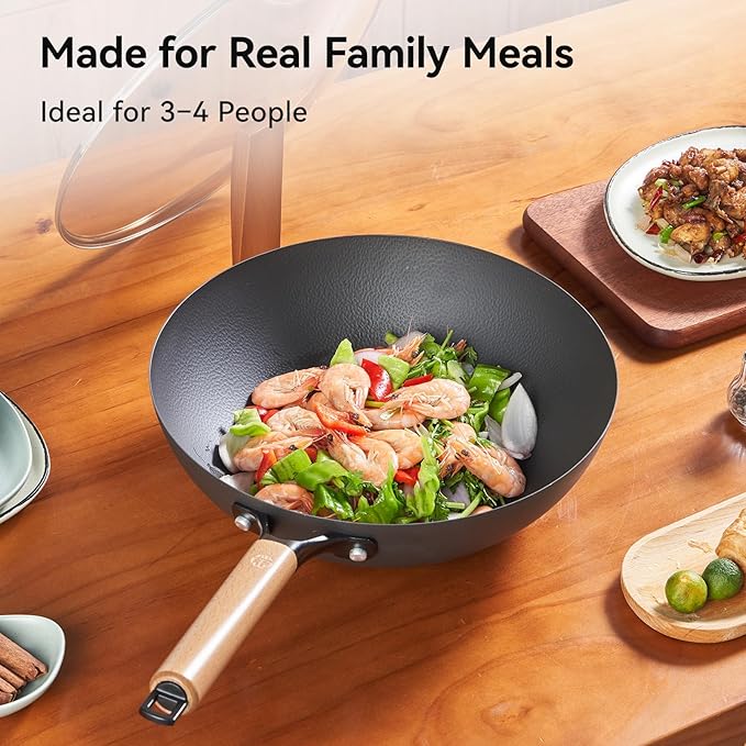 WANGYUANJI 12.6" Carbon Steel Wok with Glass Lid & Detachable Wood Handle, Heavy Duty Thick Gauge Flat Bottom Wok Pan for Induction, Gas & Electric Stoves, Unseasoned Asian Stir Fry Pan