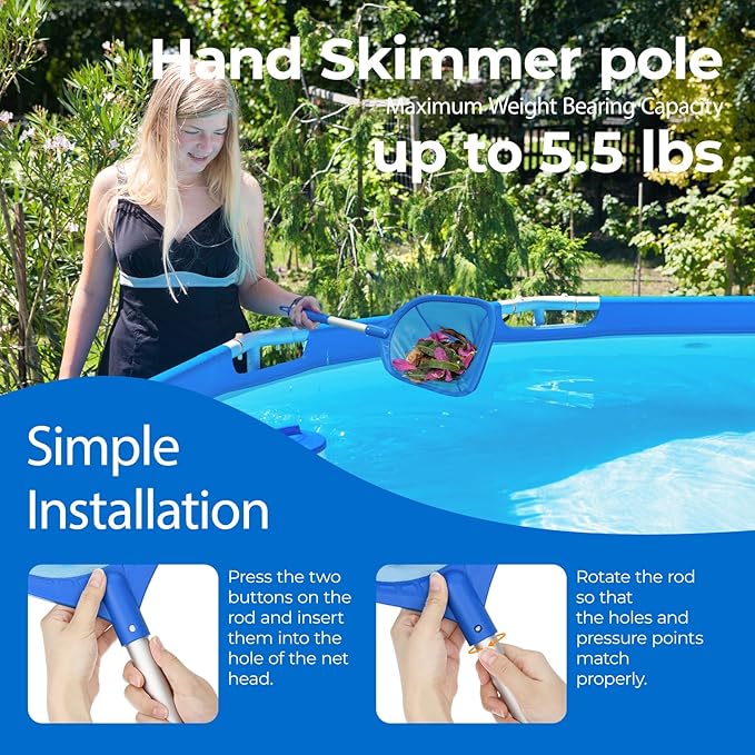 Swimming Pool Skimmer Net 26.8 inches, Leaf Rake Net with Fine Aluminum Pole for Fast Cleaning Ponds, Hot Tub, and Spas, Pool Cleaner Supplies and Accessories