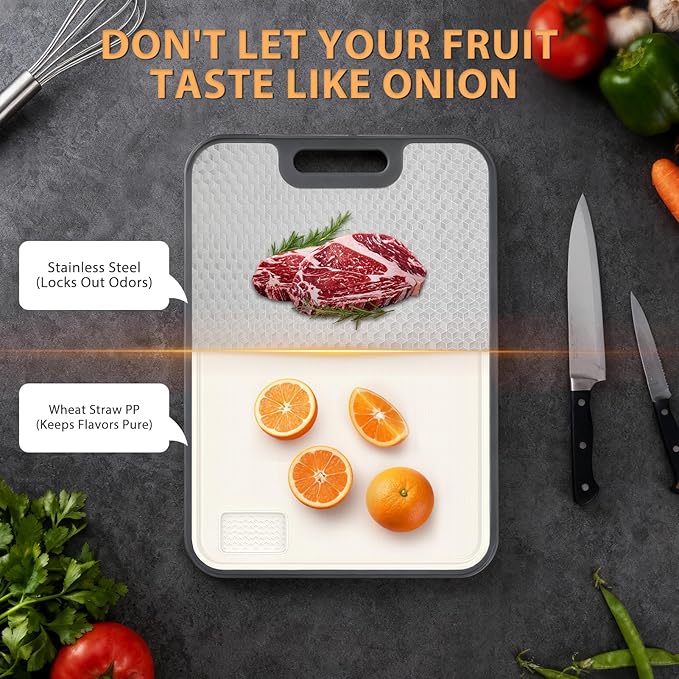 18/8 Stainless Steel Cutting Board, Large Double Sided Chopping Board for Kitchen (17x12"), Food-Grade 304 & Wheat Straw PP, Deep Juice Grooves, non Toxic, Non-Slip & Dishwasher Safe