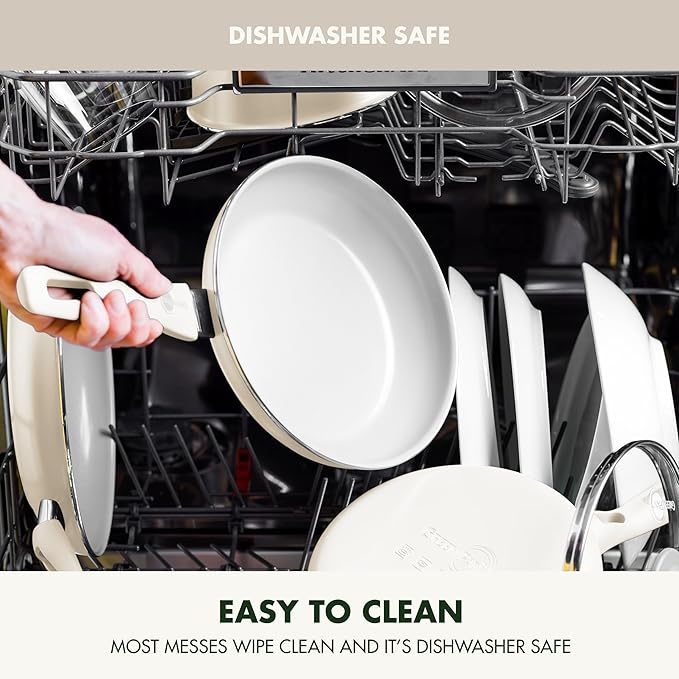 GreenPan Dover 8” Frying Pan Skillet with Spatula, Non-Toxic PFAS-Free Ceramic Nonstick Coating, Sear Saute Fry Egg Omlete, Dishwasher & Oven Safe, Stay Cool Handle, Easy Pour Rims, Cream White