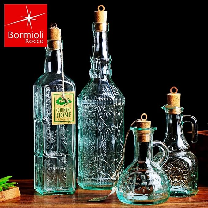 Bormioli Rocco Country Home Helios Oil Bottle Set of 2, 8 Oz. Refillable Glass Dispensers with Pour Spouts for Olive Oil, Vinegar & Condiments - Italian Glass Kitchen Storage Containers