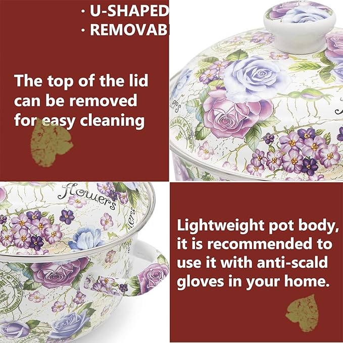Retro 5QT Flower Enamel on Steel Stock Soup pot with Lid, Stockpots for Cooking,Retro Classic Design