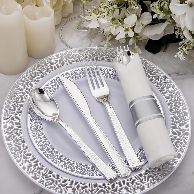 Supernal 60 Pack Pre-Rolled Silver Plastic Cutlery Heavy Duty Wrapped Silverware Disposable Premium Silver Plastic Silverware Forks and Spoons for Valentine's Day Mother's Day and Easter