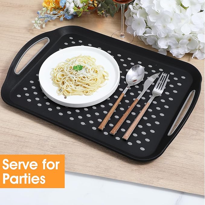 2Pcs Large Nonslip Serving Tray with Handles, Silicone Grippy Dots Lap Trays for Eating on Couch, Serving Trays for Snack Fruit Dessert Breakfast Drink, Dishwasher Rectangular
