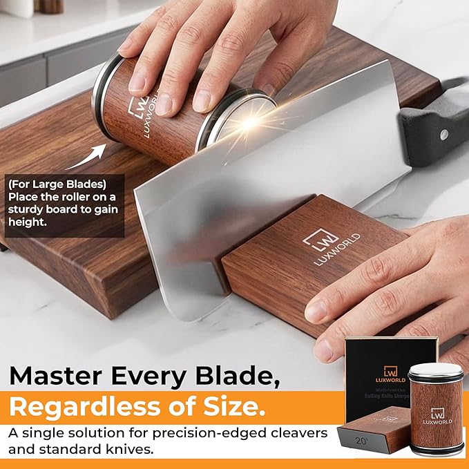 Premium Rolling Knife Sharpener – Diamond & Ceramic Disc Knife Sharpener for Kitchen & Pocket Knives – Manual Sharpening Tool with Magnetic Angle Base 15° & 20° – Professional Razor Edge Tool (Brown)