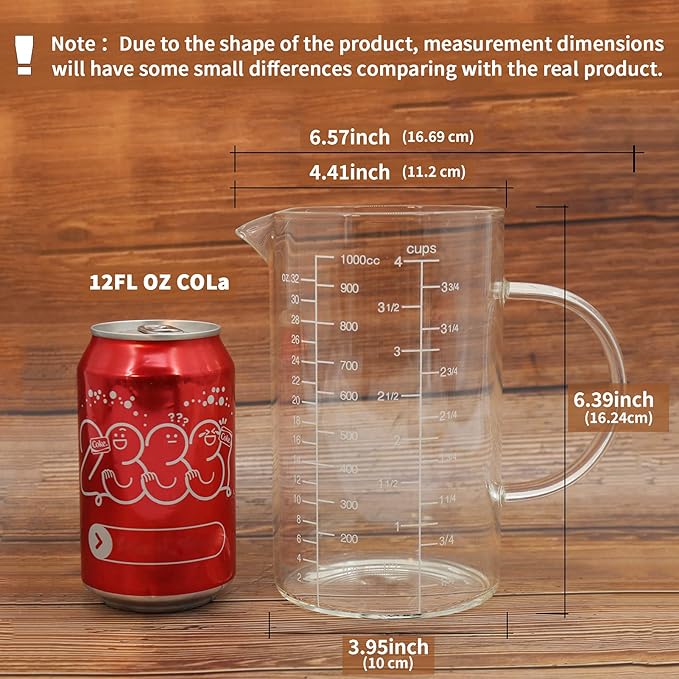 Newness Glass Measuring Cup with Handle, 1000 ML (1 Liter, 4 Cup) Measuring Cup with Three Scales (OZ, Cup, ML/CC) and V-Shaped Spout, Measuring Beaker for Kitchen or Restaurant, Easy to Read