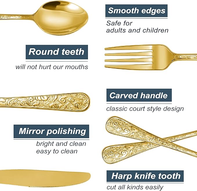 Runfly Vintage Carved Gold Stainless Steel 20 Pieces Flatware Set, Golden Silverware Set, Modern Embossed Cutlery Set Utensils Including Fork Spoon and Knife