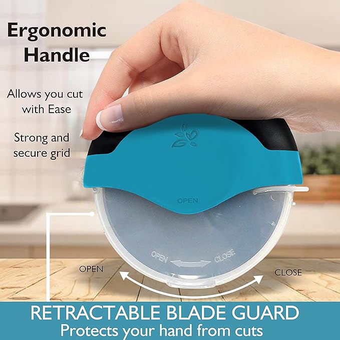 Blue Pizza Cutter Wheel with Protective Blade Cover, improved, Super Sharp, Easy To Use and Clean, Slicer, Ergonomic Rubberized Grip, heavy dutty, Stainless Steel, Dishwater Safe