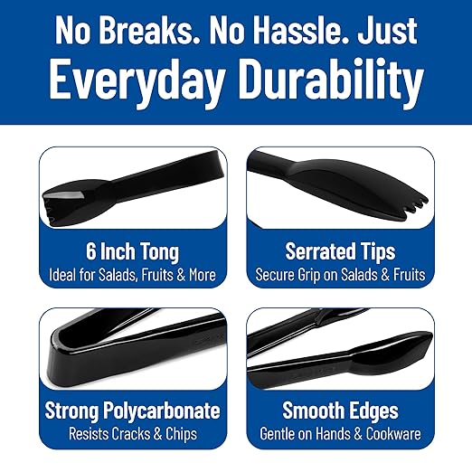 Carlisle FoodService Products Carly Salad Tong, 6" Salad Tong, Black (12 Pack)