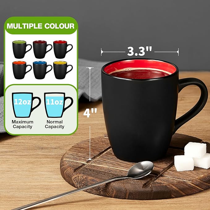 6 Pack Porcelain Coffee Mugs Set, 12 Ounces Ceramic Coffee Mugs, Matte Black Coffee Mug, Restaurant Cups for Coffee, Tea, Cappuccino, Cocoa, Cereal, Black outside and Colorful inside