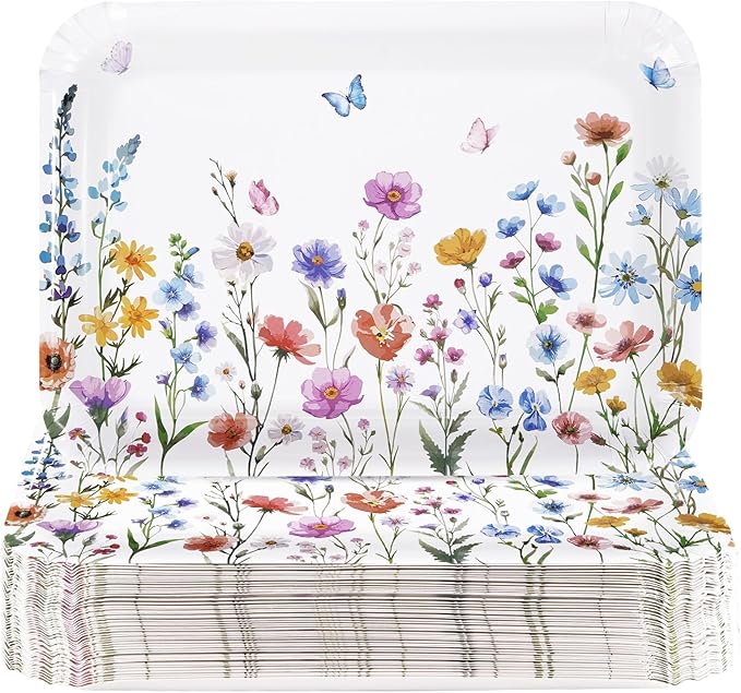 50Pcs Wildflower Serving Tray 10" X 14" Large Spring Floral Paper Platters Disposable Snack Serving Platter Heavy Duty Flower Butterfly Party Trays for Spring Wedding Birthday Party Decorations