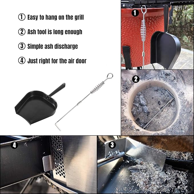 Ash Pan and Ash Poker Compatible with Big Green Egg Accessories,Stainless Steel Ash Removal Tool Set Ash Rake Tool Kit for Large BGE,for KamadoJoe Primo Grill Other Charcoal Smoker Wood Burning Stove