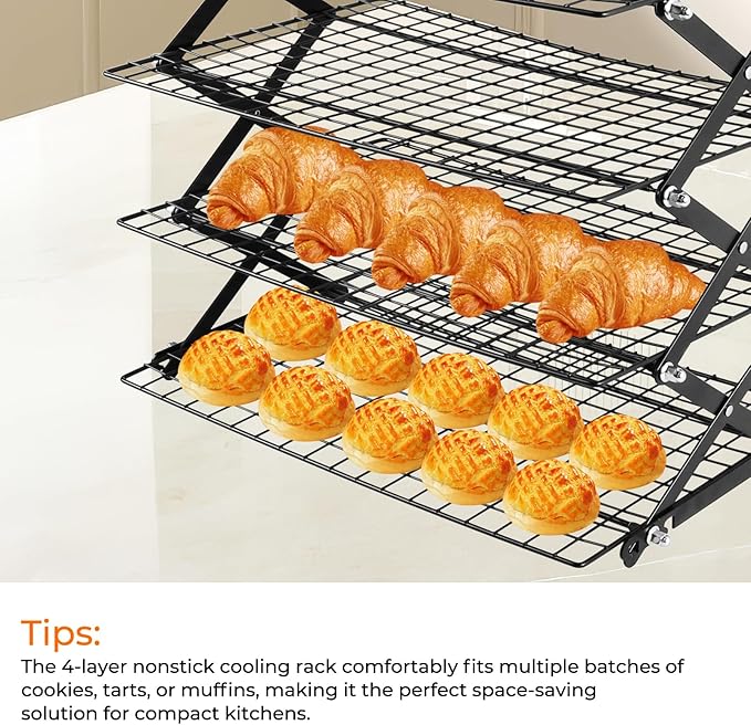 4-Tier Collapsible Cooling Rack with Adjustable 3 Setting, Wire Cooling Roasting Cooking Baking Drying Rack for Cookies Bread (Black-4 Tier)