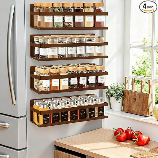 Magnetic Spice Rack for Refrigerator Seasoning Organizer for Spice Fridge Shelf storage Magnetic Shelf with Hook for Oven(6pack) (4Pack-Cut out-bronze)