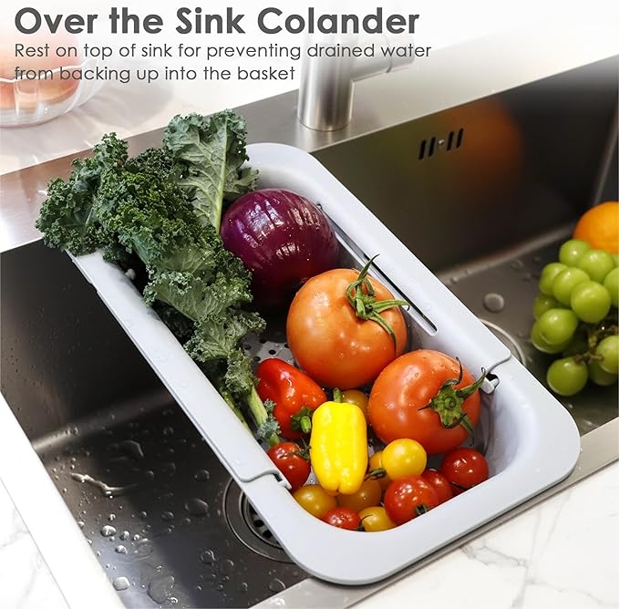 Extendable Colander Strainer Basket, Over the Sink Colander and Strainer for Kitchen, Wash Vegetables and Fruits, Drain Pasta and Dry Dishes, Adjustable Colander from 13.5In to 18.7In, Gray