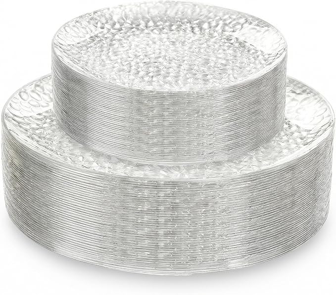 Rubtlamp 60Pcs Plastic Plates, Clear Disposable Plates, Hammered Heavy Duty Plastic Platos, Fancy Disposable Platos Include 30 Clear Dinner Plate, 30 Salad Plate For Bridal Spring