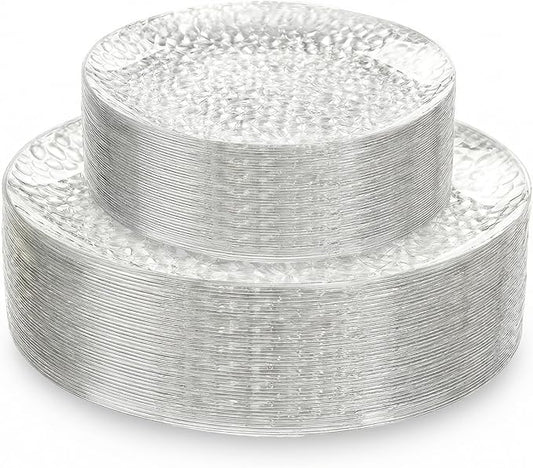 Rubtlamp 60Pcs Plastic Plates, Clear Disposable Plates, Hammered Heavy Duty Plastic Platos, Fancy Disposable Platos Include 30 Clear Dinner Plate, 30 Salad Plate For Bridal Spring