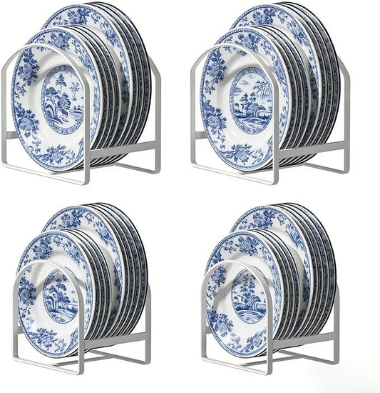 4 Pack Kitchen Plate Holder Organizer for Cabinet Space Saver Dinner Dish Storage Rack Upright Dish Drying Racks Metal Plate Dish Racks Stand for Cupboard and Countertop 2 Large 2 Small White