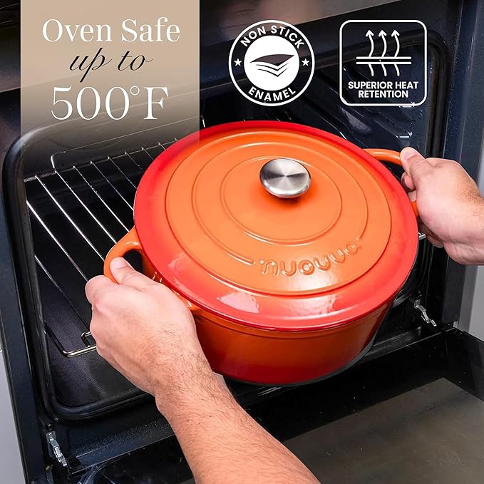 Cast Iron Dutch Oven with Lid – Non-Stick Ovenproof Enamelled Casserole Pot – Sturdy Dutch Oven Cookware – Orange, 3.1-Quart, 22cm – by Nuovva