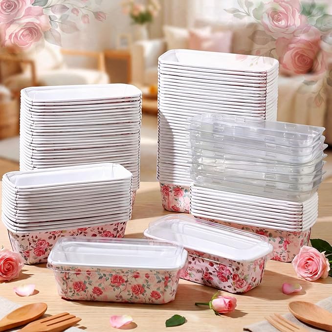 LemonRoad 100 Pcs Rose Mini Loaf Pans with Lids 6.3 x 2.2 x 2.2 Inch Floral Disposable Paper Baking Pan Bulk, Mothers Day Wedding Bridal Baby Shower Baking Party Supplies for Cake Bread Oven Bakery