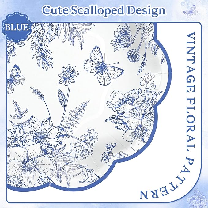 30 Pcs Blue Floral Paper Plates, 7 Inch Tea Party Plates Vintage Chinoiserie Flower Plate Disposable Blue and White Dessert Plate for Spring Garden Party Baby & Bridal Shower Birthday Wedding