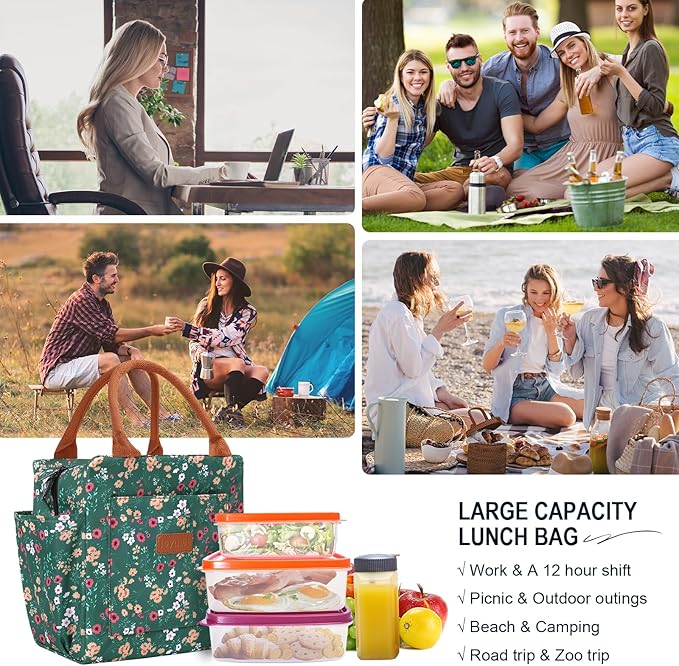 Joymee Lunch Bag Women Insulated Lunch Box Reusable Leakproof Large Spacious Cooler Tote for Women Men Adult with Bottle Holder and Side Pockets for Work Office Travel Picnic -Green Floral