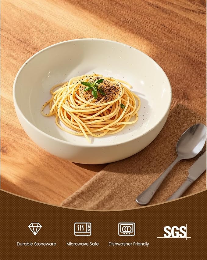 Pasta Bowls Set of 8, 34oz Speckled Ceramic Bowls Set for Serving Salad, Pasta, Soup, Dinner, 8" Wide and Deep Bowls, Dishwasher & Microwave Safe, Matte Terracotta Base (Warm White)