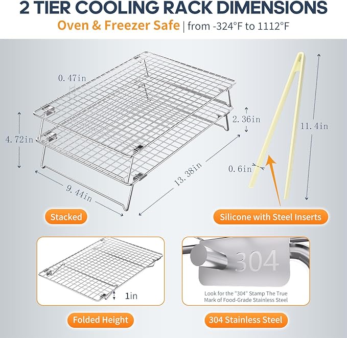 2 Tier 304 Stainless Steel Cooling Rack for Cooking and Baking, Oven Safe Wire Rack for Baking Sheet w/Silicone Tong, 13.4" x 9.4" Cookie Cooling Rack for Pizza, Bread, Stackable Baking Rack