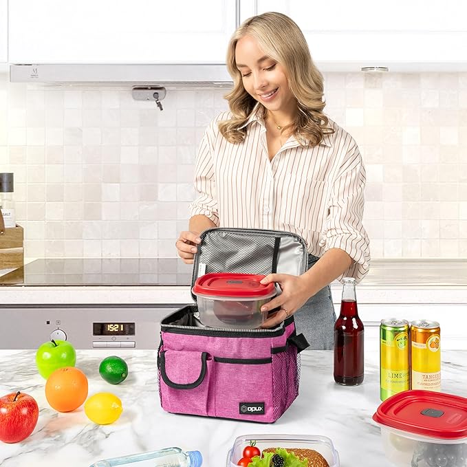 opux Insulated Lunch Bag for Men Women, Leakproof Heather Pink Lunch Box for Work, Portable Soft Lunch Cooler Bag with Shoulder Strap, Adult Lunchbox Lunch Pail for Kid Boy Girl School, 14 Can/8L