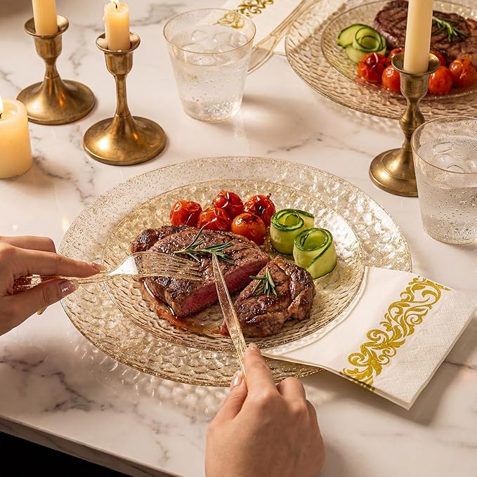 Rubtlamp 175 Pcs Gold Glitter Plastic Plates, Hammered Disposable Plates Set (25 Guests), Glitter Dinnerware Set Include 50 Plastic Plates, 75 Glitter Silverware, 25 Cups And 25 Napkins for Party